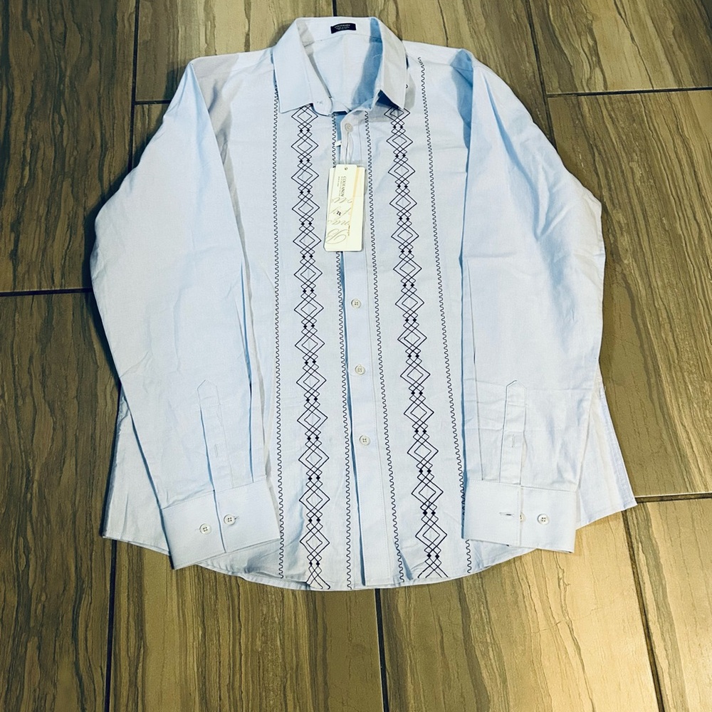 Men's Light Blue Embroidered Dress Shirt
